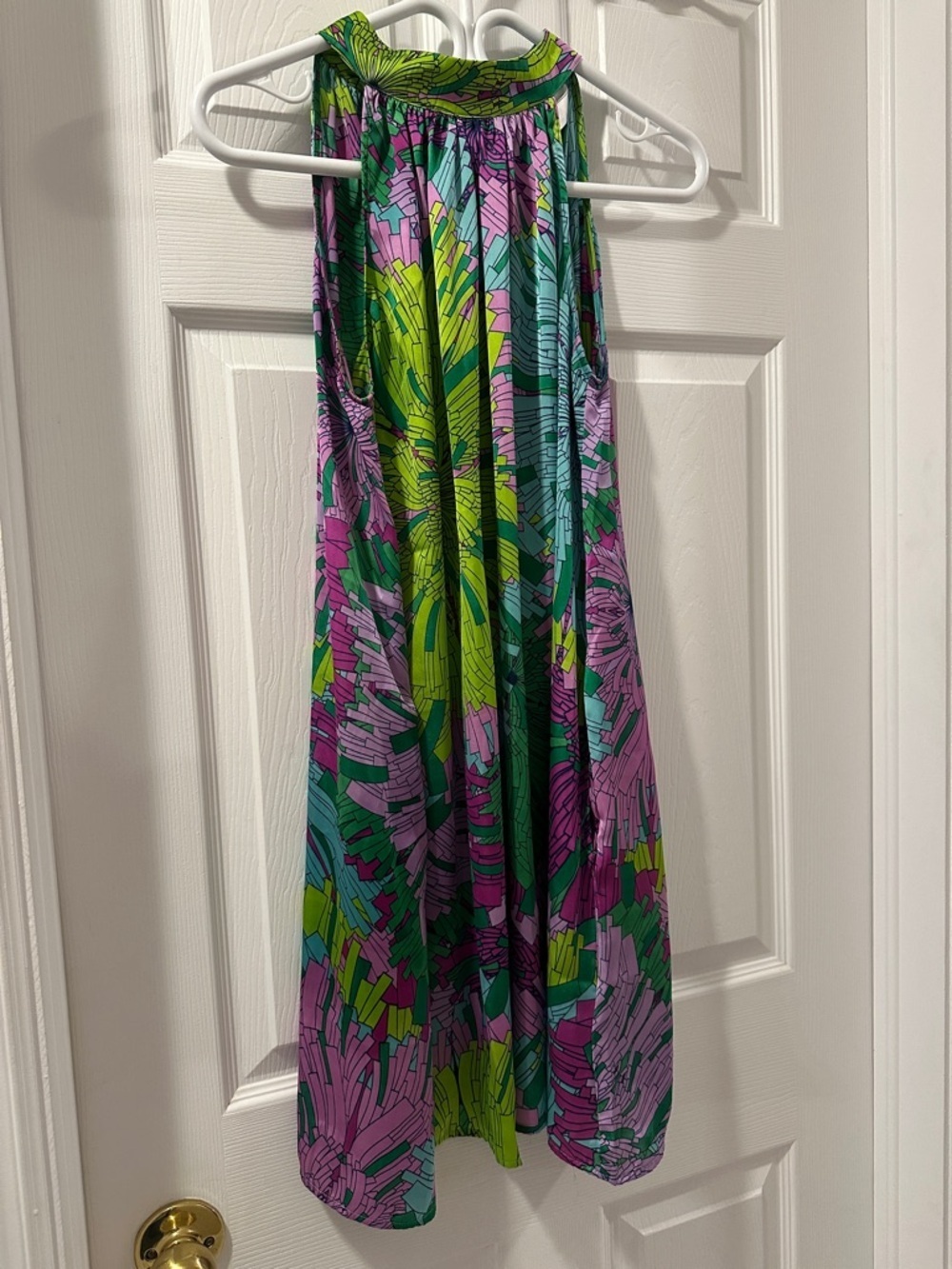 CLASSIQUE Vibrant Tropical Halter Mini Dres Pockets Sz S Feminine Flowy Boho EUC - Picture 3 of 11